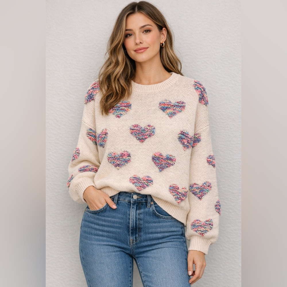 Cream Oversized Sweater With Raised Multi-colored Hearts Size‎ L